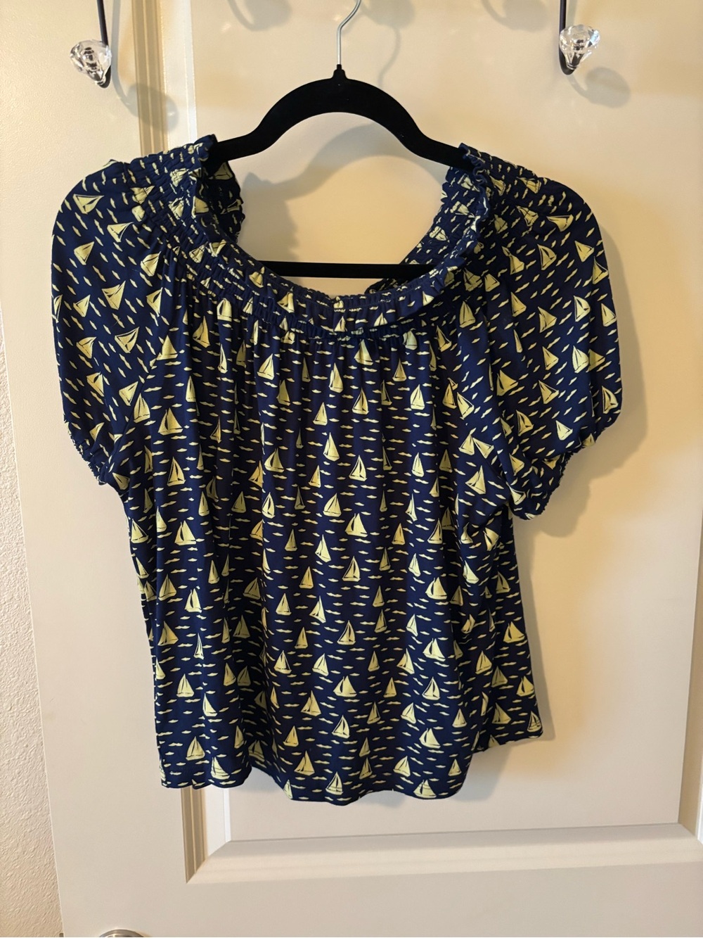 Anthropologie Porridge Navy Off-the-Shoulder Sailboat Print Top With Bow S EUC - Picture 3 of 7